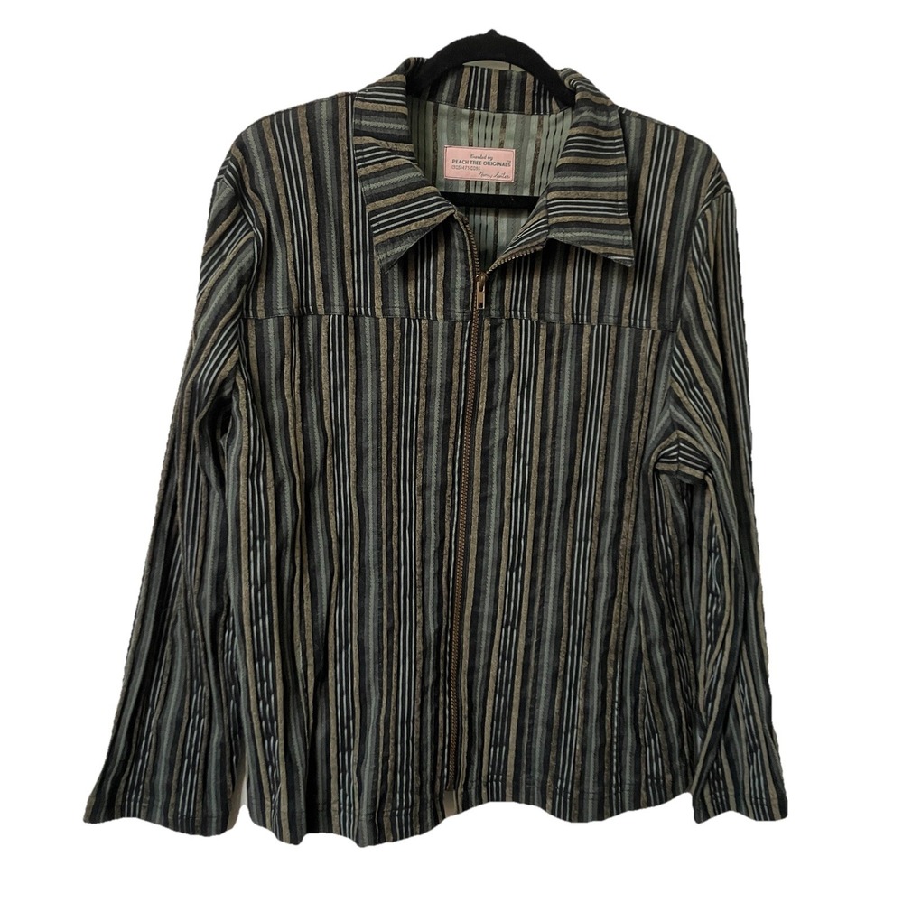 Peach Tree Originals Nancy Hunter Green Striped Zip Up Textured Jacket Womens L
